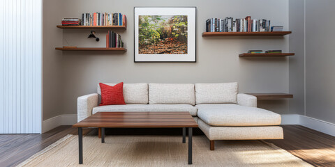 Cozy living room with modern furniture and nature artwork on the wall