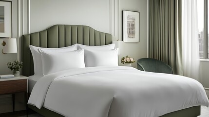 A large bed with white sheets and pillows