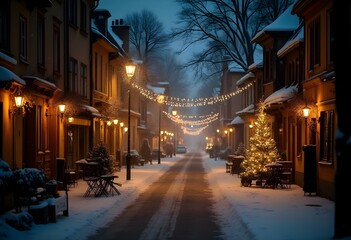 Christmas lights on a German street, snowing weather, no people, fir branches, poinsetiae