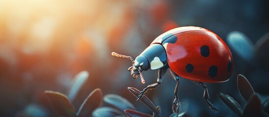 Naklejka premium A vibrant ladybug perched on a leaf, bathed in warm sunlight.