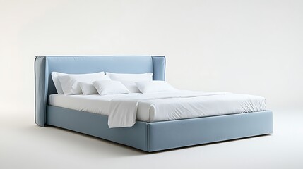 A large blue bed with white pillows and sheets