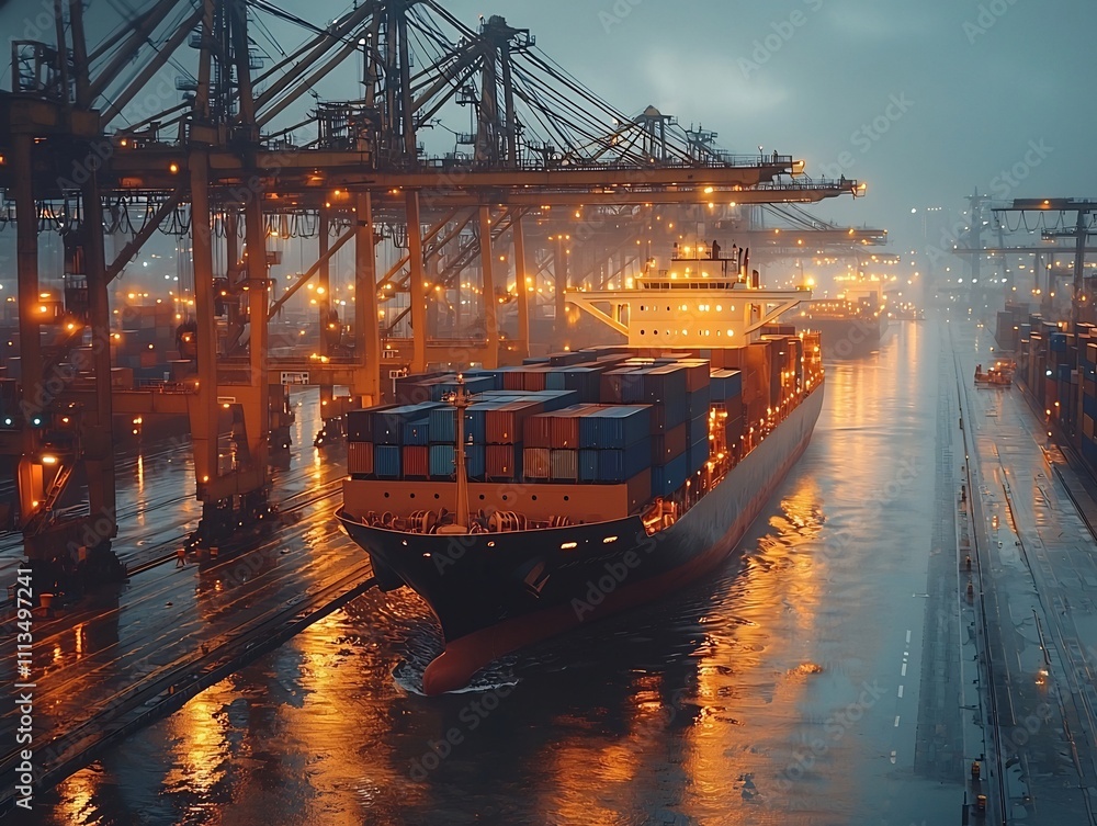 Poster futuristic shipyard with automated cargo handling for efficient logistics