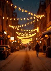 Christmas lights on a German street, snowing weather, no people, fir branches, poinsetiae