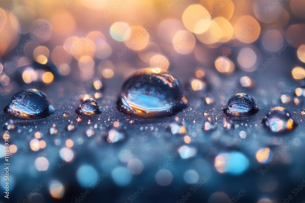 Poster close-up of water droplets on a dark surface with bokeh lights.