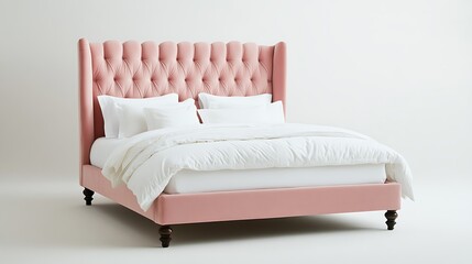 A pink bed with white pillows and a white comforter