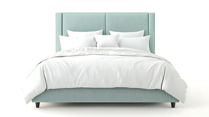 A bed with a white comforter and pillows