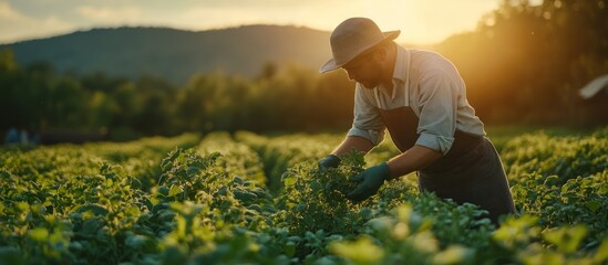 Fototapeta premium Farmer inspecting his potato crop in a field.