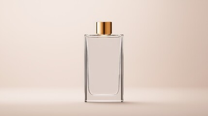 Elegant Clear Glass Bottle with Golden Cap on Soft Beige Background, Perfect for Fragrance, Oil, or Liquid Packaging in Minimalist Style