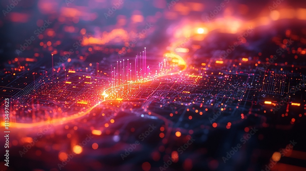 Poster glowing digital logistics network visualizing real time delivery flows across cities
