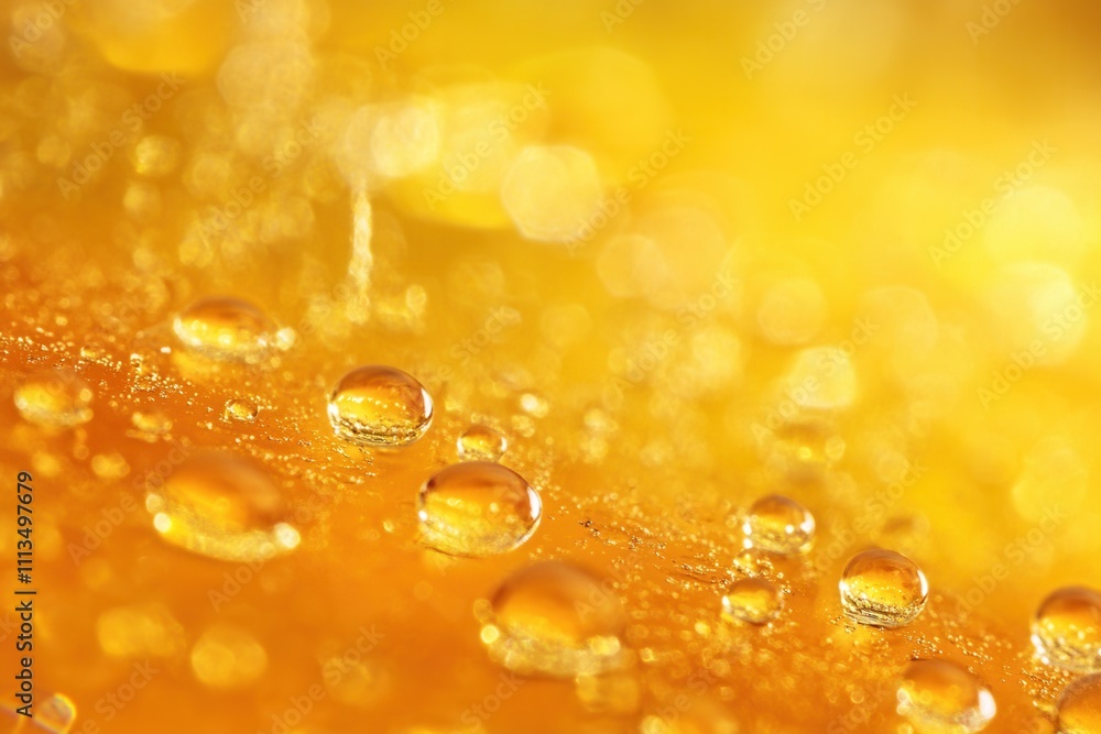 Poster close-up of water droplets on a golden surface, creating a bokeh effect.