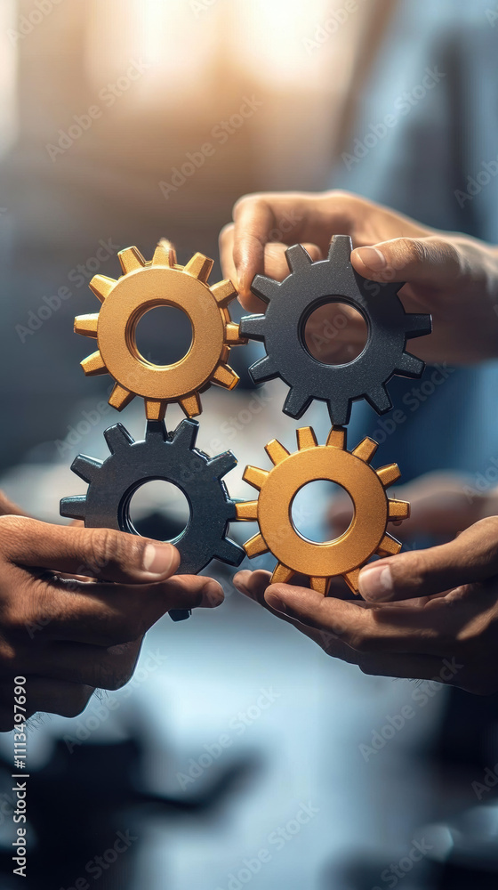 Poster four hands grasp gears, symbolizing teamwork and collaboration in a mechanical or engineering contex