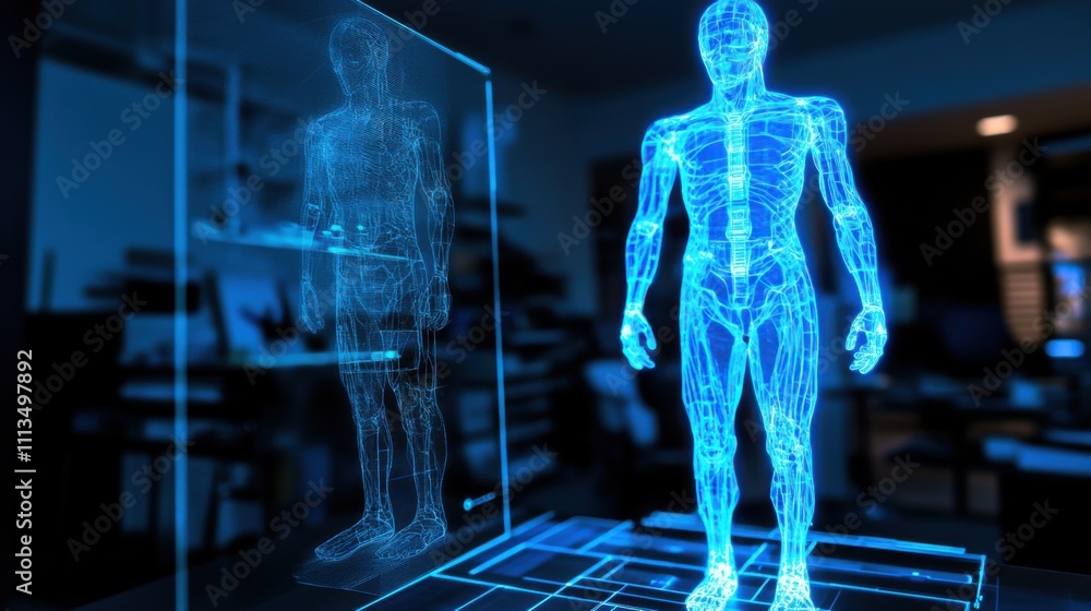 Poster futuristic digital human anatomy model visualizing the structure and components of the human body in