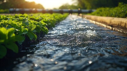 Fototapeta premium Futuristic Water System Powered by Renewable Energy Flowing into Lush Green Landscape