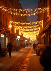 Obraz premium Christmas lights on a German street, snowing weather, no people, fir branches, poinsetiae