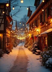 Fototapeta premium Christmas lights on a German street, snowing weather, no people, fir branches, poinsetiae