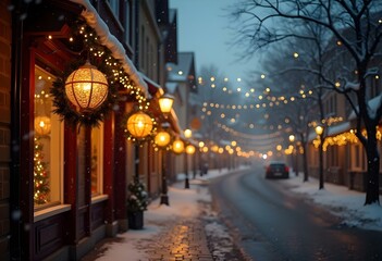 Fototapeta premium Christmas lights on a German street, snowing weather, no people, fir branches, poinsetiae