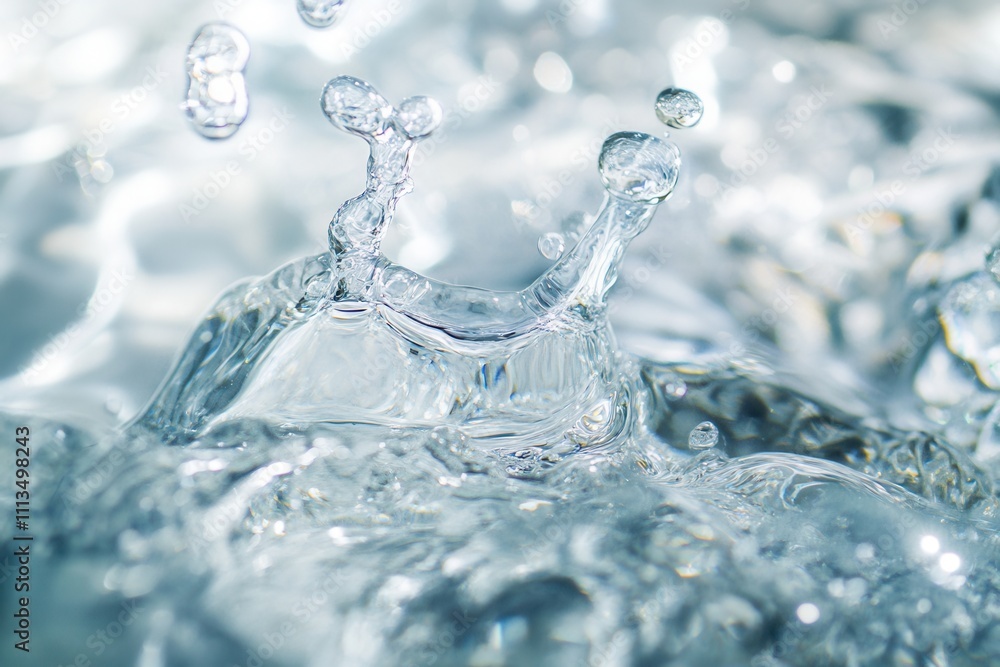 Poster close-up of water droplets splashing, creating dynamic texture and movement.