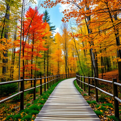Naklejka premium Beautiful-wooden-pathway-going-the-breathtaking-colorful-trees-in-a-forest-(1)