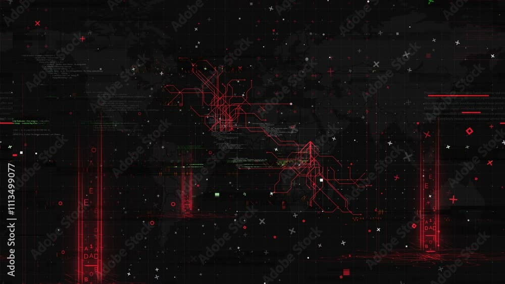 Poster a futuristic technology background featuring a world map with glowing red beams of light emanating f