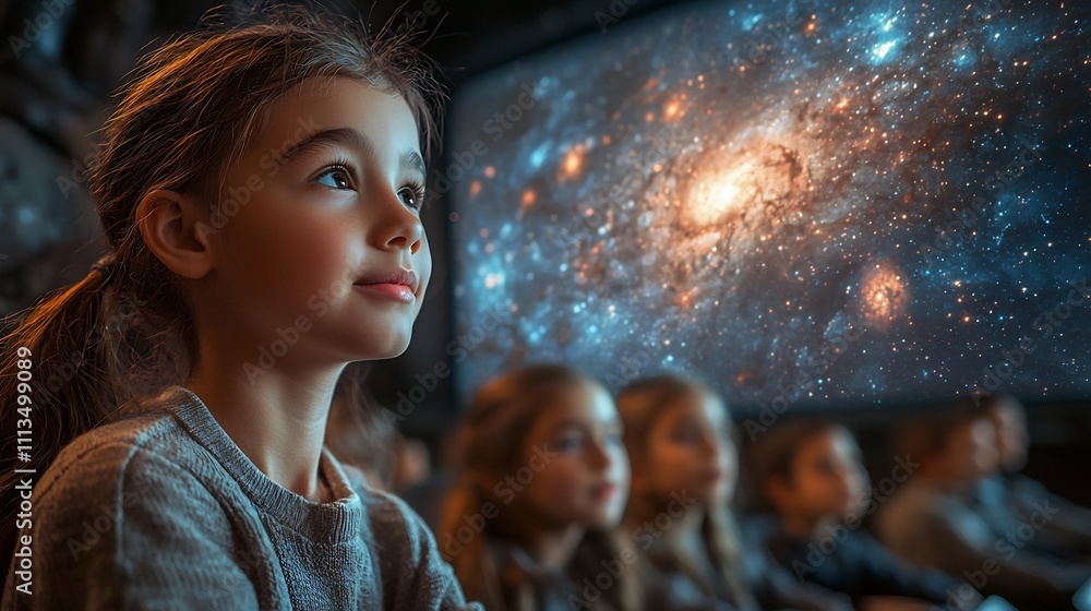 Poster futuristic classroom of students collaborating on innovative holographic 3d models for space