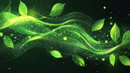 Abstract glowing green background with waves and leaves, lighting effect with sparkles. Environment technology concept illustration.