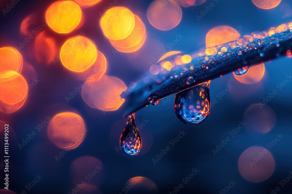 Poster dew drops on a twig with bokeh background.