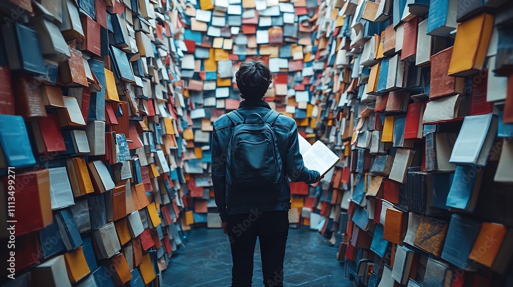 Poster mentor guiding students through a futuristic digital library of floating books representing cutting 