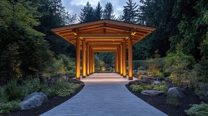 Obraz premium Illuminated Wooden Pathway Through a Serene Garden