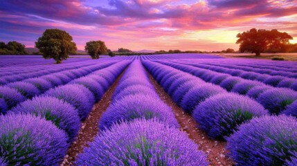 Obraz premium Lavender Fields at Sunset with a Vibrant Sky