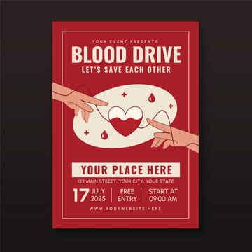 Blood drive flyer template with hands and heart illustration
