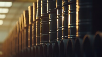 Oil barrels stacked in rows, symbolizing the global reliance on fossil fuels and the need for sustainable energy solutions.