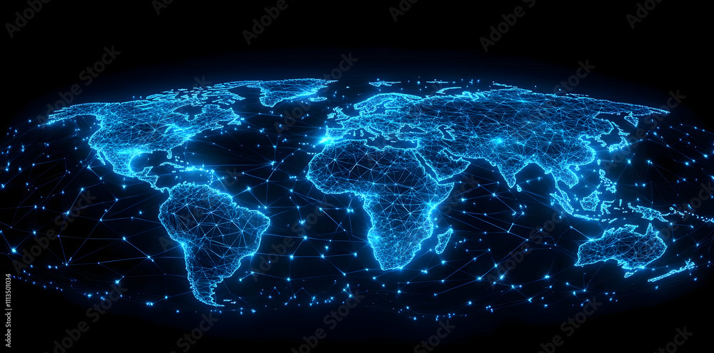 Poster A glowing, digital representation of a world map with interconnected nodes and lines.