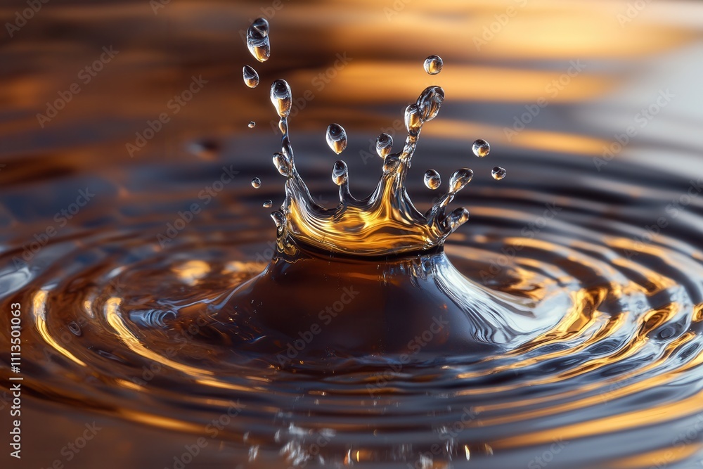 Poster golden liquid drop splashing, creating concentric ripples on a reflective surface.