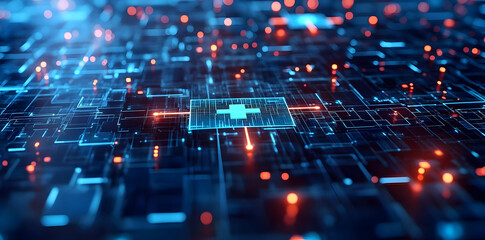 Obraz premium A digital representation of interconnected data with a medical symbol, symbolizing health technology.