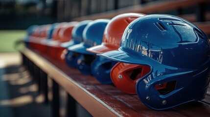 Baseball Helmets Lineup  Team Sports Equipment on Bench