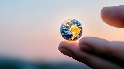 Hand Holding a Miniature Earth Symbolizing Global Awareness Nature High-Resolution Sunset Conceptual Focus