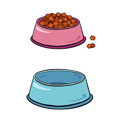 Brightly colored pet food bowls featuring kibble along with an empty bowl for convenience.Vector illustration. Pet shop