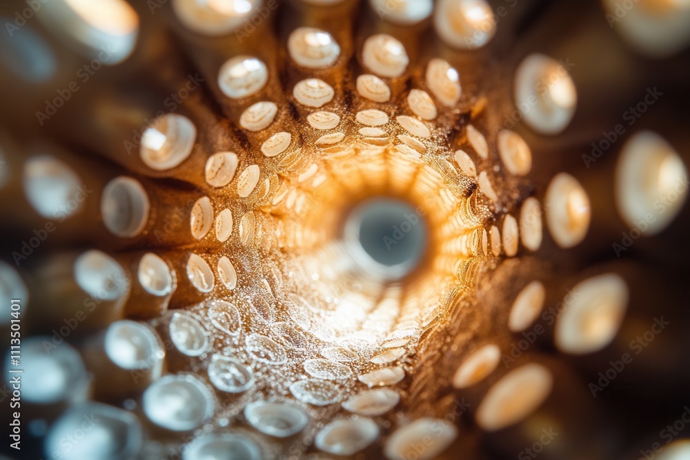 Poster intricate spiral pattern inside a hollow object, showing texture and light.