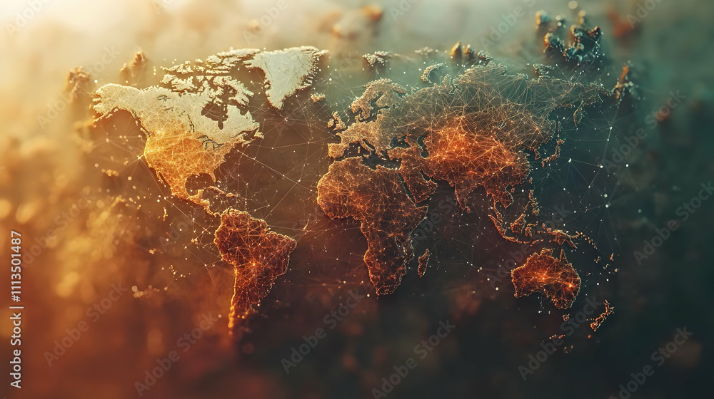 Poster A digital representation of a glowing world map with interconnected lines.
