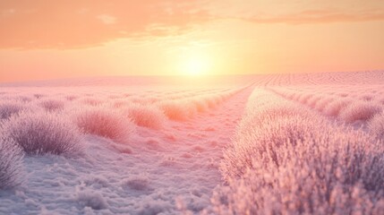 A Snow-Covered Lavender Field at Sunset