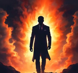 Illustration of man in suit silhouette with dramtaic background.