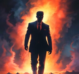 Illustration of man in suit silhouette with dramtaic background.