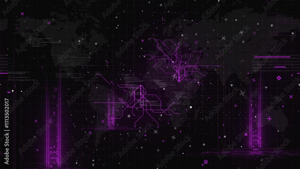 Poster a futuristic technology background featuring a world map with glowing purple beams of light emanatin