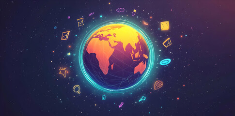 Fototapeta premium A vibrant illustration of Earth surrounded by various digital icons representing connectivity.