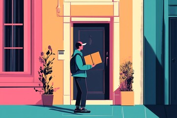 Fototapeta premium Flat Style Courier Delivering Package at Customer s Doorstep with Minimal Three Color Scheme