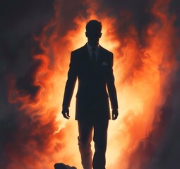 Illustration of man in suit silhouette with dramtaic background.