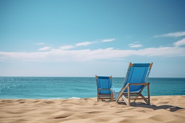 Two Azure Beach Chairs Beckon Alluringly by the Scintillating Vista of the Boundless Ocean