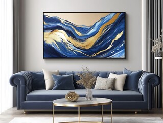 Abstract blue and gold fluid art design featuring flowing lines and shimmering accents creating a luxurious and elegant artistic composition for modern decor.