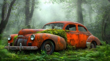 Abandoned Vintage Car Surrounded by Nature Forest Photography Foggy Environment Close-up Rustic Charm