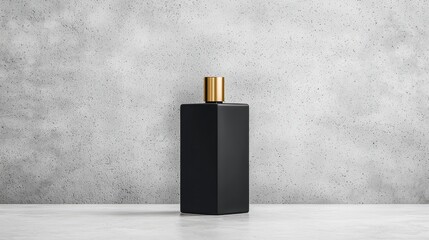 Elegant Black Perfume Bottle with Gold Cap on Minimalist Gray Background for Contemporary Fragrance Advertising and Promotional Imagery